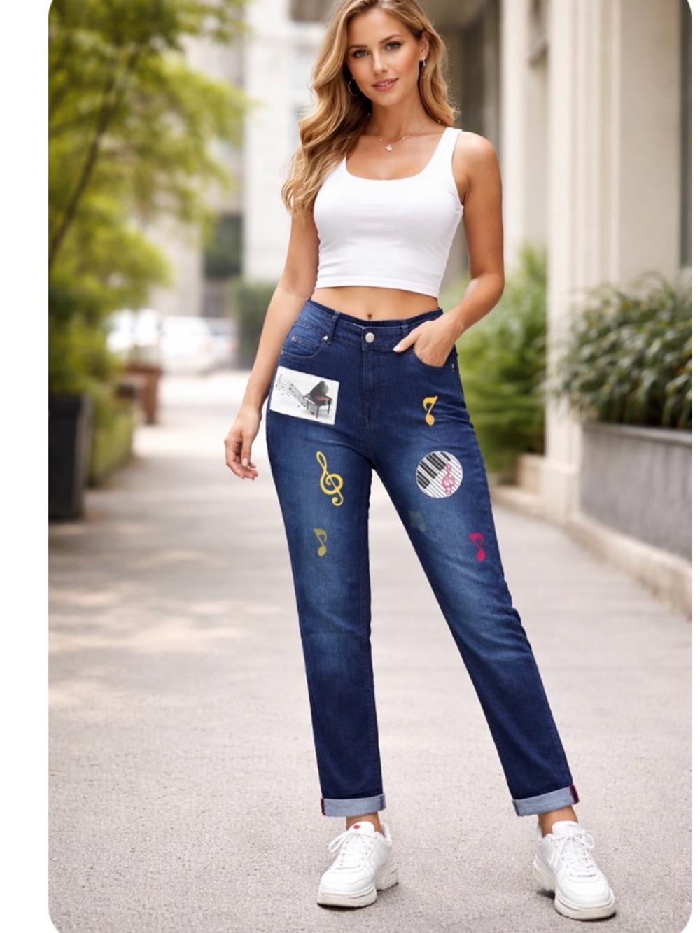 NWT Carreli Women’s Dark Blue Music-Print Straight Jeans size 18